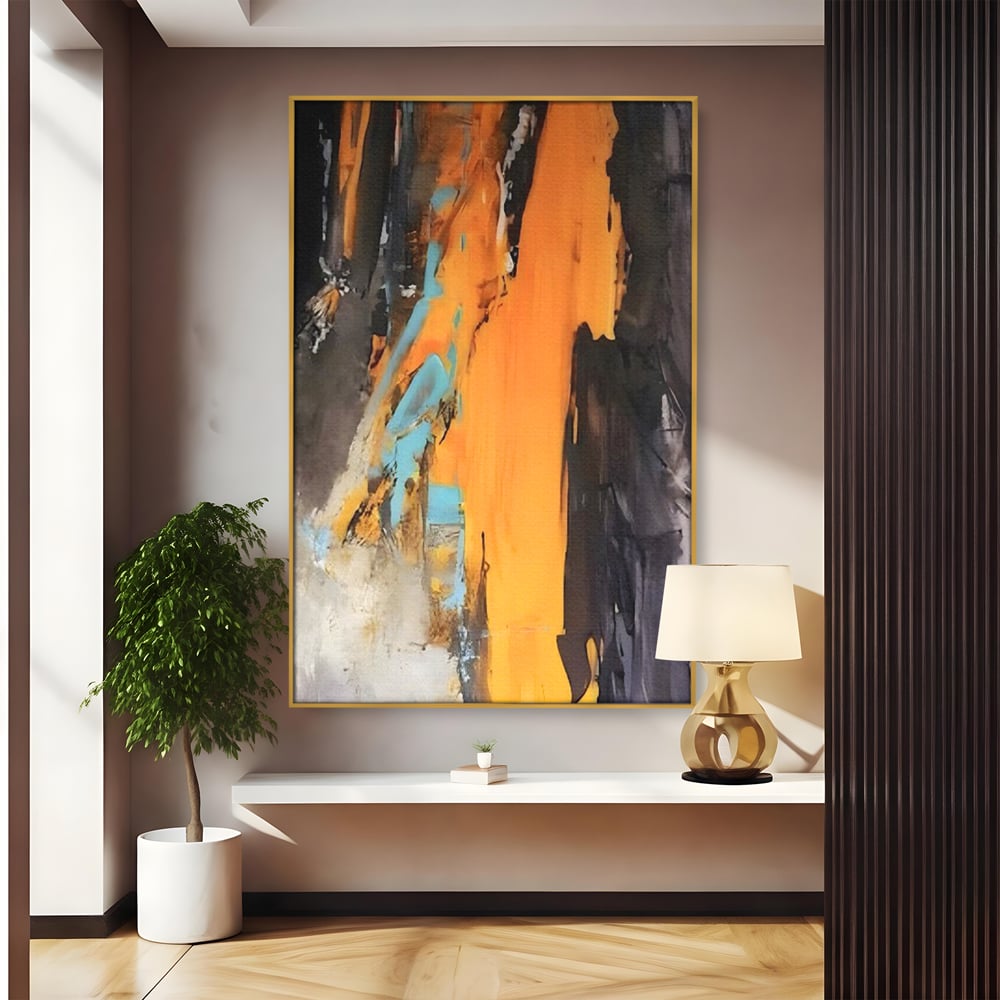 Tablou canvas cu pictura abstracta cu pete portocalii, in rama de aluminiu auriu